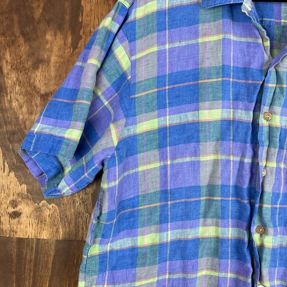 Scott Barber Mens Shirt Blue Plaid 100% Linen Short Sleeve Button Down Large - Picture 3 of 11